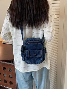 Sac bandoulière en denim style coréen pour femmes, petit sac carré vintage et décontracté chic.