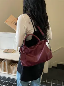 Casual solid color large capacity shoulder bag retro PU leather daily commuter handbag