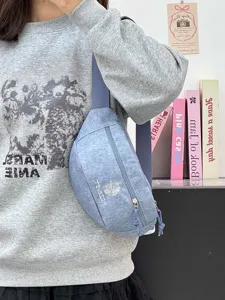 Fashion embroidered canvas fanny pack detail, lightweight casual outdoor crossbody chest bag.