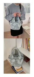 Κορεάτικη φλοράλ τσάντα tote με πολλές τσέπες, casual τσάντα χειρός για σχολείο και δουλειά.