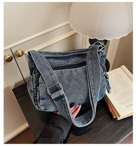 Borsa a tracolla casual in denim lavato da donna, borsa giornaliera retrò versatile.