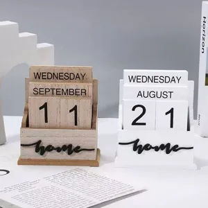 Calendario Perpetuo de Madera Creativo Retro Adorno de Escritorio Decoración de Oficina en Casa Calendario de Bloques Vintage Planificador Diario Regalo