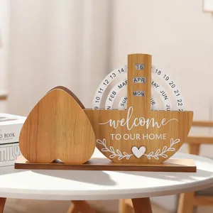 Creative wooden perpetual calendar desktop organizer rotating date display home office decor gift