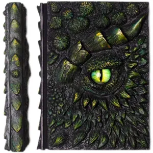Detailed close-up shot of the resin dragon eye notebook cover and textured scaly spine.