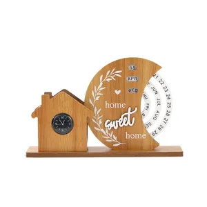 Wooden perpetual calendar desk organizer with clock, home decor creative student gift design.