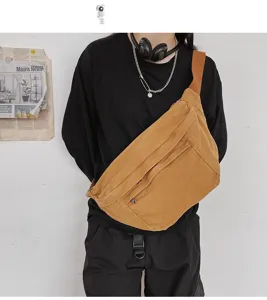 Casual large capacity canvas crossbody bag for women, stylish khaki chest shoulder bag.