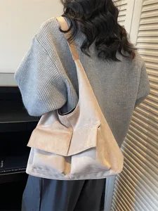 Vintage Large Capacity Suede Tote Bag Women Casual Shoulder Bag Commuting Hobo Bag Solid Color Crossbody Bag