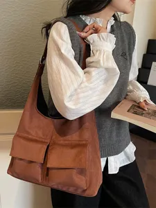 Retro suede shoulder bag for women, large capacity autumn winter casual hobo tote bag.