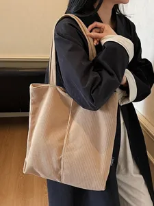 Beige corduroy tote bag, large capacity casual shoulder bag for women daily commute style main view