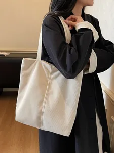 Minimalist corduroy tote bag for women, large capacity casual shoulder bag for daily commute.