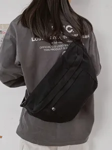 Retro streetwear canvas chest bag, solid casual women crossbody bag, large capacity school bag.