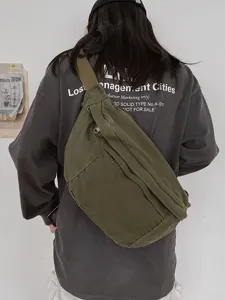 Retro solid color canvas chest bag, casual large capacity crossbody shoulder bag for daily use.