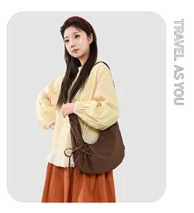 Borsa a tracolla a cuadros casual da donna, elegante borsa dumpling con coulisse.