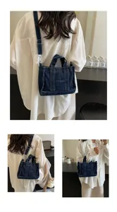 Sac à bandoulière en denim rétro style coréen, sac cabas décontracté de grande capacité.