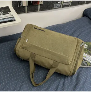 Details of large capacity waterproof canvas travel duffel bag, casual minimalist gym handbag.