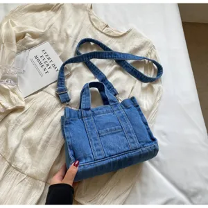Sac cabas en denim style coréen, sac bandoulière décontracté polyvalent de grande capacité.