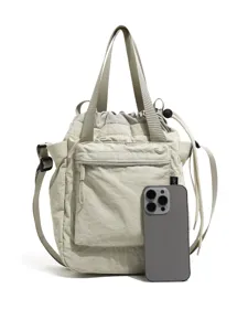 Lightweight nylon drawstring crossbody bag, casual tote and shoulder bag for outdoor travel.