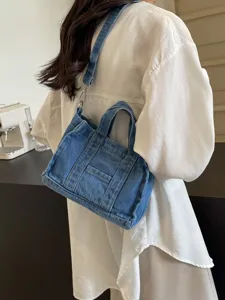 Sac bandoulière en denim décontracté pour femme, cabas rétro polyvalent avec sangle.