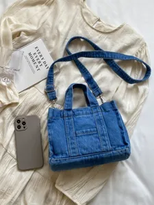 Sac à bandoulière en jean vintage style coréen, grand sac cabas fourre-tout décontracté.