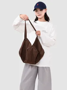 Casual brown plaid tote bag for women, large capacity daily commuter shoulder bag for school.