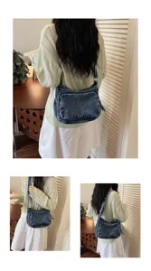Vista dettagliata di una borsa a tracolla casual in denim lavato dal design elegante.