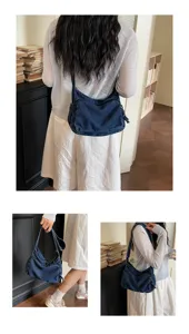 Borsa a tracolla casual in denim da donna, grande capacità borsa giornaliera con tasche multiple.