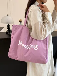 Bolso de hombro de nailon impermeable estilo coreano, bolso tote morado grande casual.