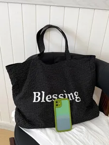 Bolso tote de nylon impermeable a cuadros negros estilo coreano, gran capacidad bolsa de hombro.