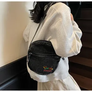 Sac bandoulière en denim décontracté avec broderie de chien, sac élégant pour le travail.