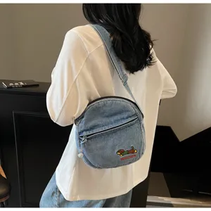 Sac bandoulière en denim brodé style coréen, sac rond élégant pour femmes de banlieue quotidienne.