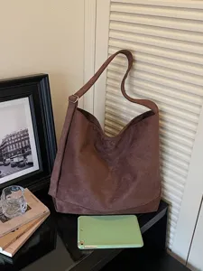 Stylish slouchy brown suede shoulder tote bag, large capacity casual hobo bag for women.