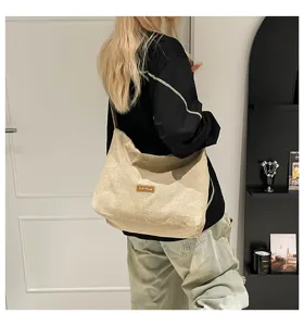 Bolso de hombro informal de pana para mujer, bolso tote hobo de gran capacidad elegante