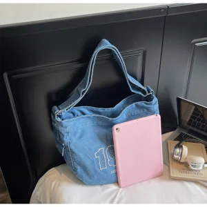 Vintage denim shoulder bag, casual large capacity tote and crossbody bag for commute and travel.