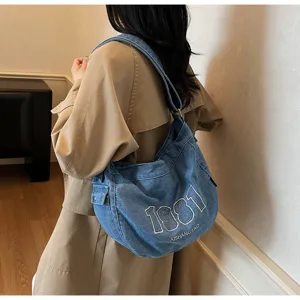Retro vintage denim shoulder bag, casual large capacity crossbody tote bag with embroidery