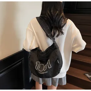 Retro vintage black denim canvas shoulder bag, large capacity casual tote crossbody bag for women.
