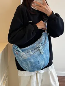 Casual Denim Crossbody Bag For Women Large Capacity Street Trend Shoulder Chest Bag Vintage Washed Blue Crescent Bag