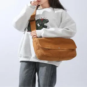Casual canvas messenger bag for women, vintage washed cotton crossbody shoulder bag with flap.