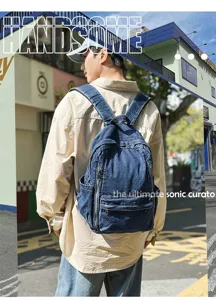 Stylish denim backpack for men and women, trendy retro casual travel daypack bag daily use.