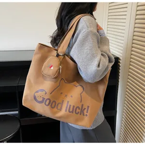 Casual canvas tote bag with cute bear print, large capacity daily shoulder and shopping bag.