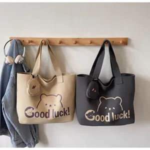 Casual canvas tote bag with cute bear print, large capacity shoulder bag for student daily use