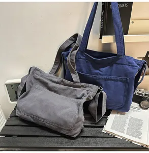 Canvas shoulder bag detail view, casual large capacity design with front pocket and durable fabric.