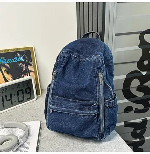 Casual denim backpack for women, stylish small school bookbag and daily travel daypack.