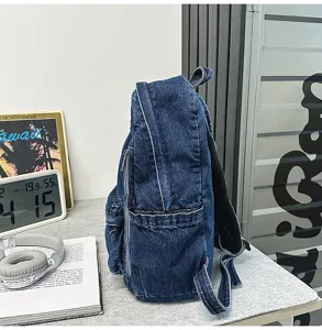 Casual denim backpack for women, stylish vintage blue school bag, daily travel small daypack.