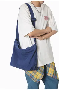 Detailed view of the casual blue canvas crossbody bag, featuring large capacity and wide strap.