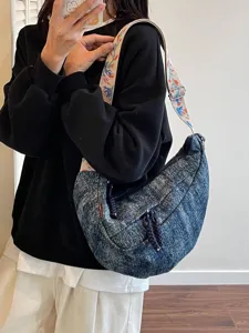 Stylish denim shoulder crossbody bag with embroidered wide strap casual streetwear crescent bag