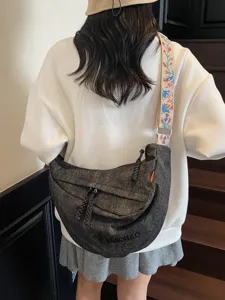New casual denim crossbody bag, large capacity street style shoulder bag with wide strap
