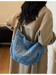 Vintage Denim Tote Bag For Women Large Capacity Casual Shoulder Crossbody Bag With Embroidery Letter Daily Commute Travel Handbag