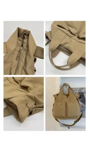 Khaki canvas commuter tote bag detail showing multi-pocket storage, zipper and strap.