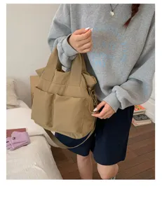 Casual nylon tote bag for women, large capacity shoulder bag with multiple pockets.