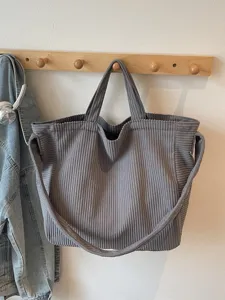 Casual γκρι τσάντα shopper από κορδuroy για γυναίκες, μεγάλη τσάντα ώμου για ταξίδια.
